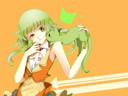 Rule 34 | 1girl, bare shoulders, cat, green eyes, green hair, gumi, izusetsu, short hair, simple background, smile, vocaloid