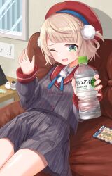 Rule 34 | ;d, absurdres, beret, bird, black jacket, black skirt, blonde hair, blue ribbon, bottle, braid, buttons, collared shirt, commentary request, couch, double-breasted, green eyes, hair ornament, hand up, hat, highres, holding, holding bottle, indie virtual youtuber, indoors, jacket, light blush, looking at viewer, lying, neck ribbon, nowoka, on couch, one eye closed, open mouth, outstretched arm, picture frame, pinstripe pattern, pom pom (clothes), pom pom hair ornament, puffy sleeves, red headwear, red sailor collar, ribbon, sailor collar, shadow, shigure ui (vtuber), shigure ui (vtuber) (1st costume), shirt, short hair, sidelocks, single braid, single hair ring, skirt, sleeve cuffs, smile, sweatdrop, table, virtual youtuber, white shirt