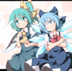 Rule 34 | 2girls, ascot, blue bow, blue eyes, blue hair, blush, bow, cirno, crossed arms, daiyousei, do (4-rt), dress, fairy wings, green eyes, green hair, hair bow, hair ribbon, highres, ice, letterboxed, looking at viewer, multiple girls, open mouth, red bow, ribbon, short hair, short sleeves, side ponytail, simple background, smile, smirk, touhou, wings, yellow bow