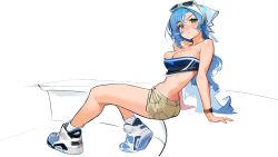 Rule 34 | 1girl, absurdres, air jordan, air jordan 6, bandana, bare legs, bare shoulders, bench, black tube top, blue eyes, blue hair, blueisalanguage, blush, borrowed character, breasts, cleavage, commentary, commission, english commentary, eyewear on head, full body, highres, large breasts, long hair, looking back, medium breasts, bae minah (chaesu), nike (company), original, shoes, short shorts, shorts, sitting, smartwatch, sneakers, socks, solo, strapless, sunglasses, tube top, twisted torso, watch, white-framed eyewear, white bandana, white socks, wristwatch