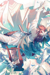 Rule 34 | 1boy, absurdres, bird, black hair, blue eyes, blue hair, bow, braid, building, cape, commentary, day, falling, flower, genshin impact, hat, highres, instrument, long sleeves, lyre, male focus, multicolored hair, nokoya, outdoors, parted lips, profile, solo, twin braids, venti (genshin impact), white flower