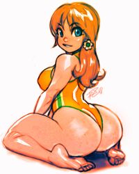 Rule 34 | 1girl, absurdres, all fours, alternate hairstyle, arched back, ass, bad id, bad twitter id, blue eyes, brown hair, earrings, feet, flower earrings, from behind, highres, huge ass, jewelry, leotard, long hair, looking at viewer, looking back, mario (series), nintendo, one-piece swimsuit, princess daisy, robaato, simple background, sitting, smirk, solo, super mario land, swimsuit, wariza, white background, yellow leotard