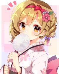 Rule 34 | 1girl, alternate hairstyle, blush, bow, braid, brown eyes, brown hair, clenched hand, commentary request, cotton candy, djeeta (granblue fantasy), eating, floral print, flower, food, frilled kimono, frills, granblue fantasy, hair bow, hair flower, hair ornament, hair ribbon, hairband, holding, holding food, japanese clothes, kimono, looking at viewer, nameneko (124), notice lines, obi, pink flower, purple bow, red ribbon, ribbon, sash, solo, upper body, white flower