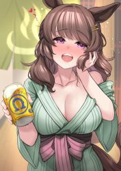 Rule 34 | 1girl, :d, animal ears, bare shoulders, beer can, blush, bow, breasts, brown hair, can, cleavage, collarbone, drink can, drunk, green kimono, hand in own hair, heart, heart-shaped pupils, highres, holding, holding can, horse ears, horse girl, horse tail, japanese clothes, kibihimi, kimono, large breasts, light hello (umamusume), long hair, long sleeves, looking at viewer, nose blush, obi, off shoulder, open mouth, outdoors, purple bow, purple eyes, sash, smile, solo, striped clothes, striped kimono, symbol-shaped pupils, tail, teeth, umamusume, upper body, upper teeth only, wide sleeves