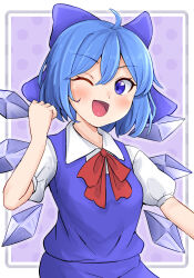 Rule 34 | 1girl, ;d, ahoge, blue bow, blue eyes, blue hair, blush, bow, breasts, cirno, double-parted bangs, dress, grey background, hair bow, hand up, happy, highres, houri sh, ice, ice wings, medium breasts, one eye closed, open mouth, outline, short hair, short sleeves, simple background, smile, solo, tongue, touhou, upper body, wing collar, wings