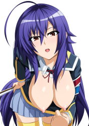 Rule 34 | 1girl, ahoge, armband, assisted exposure, black shirt, blue hair, blush, breasts, breasts out, clothes pull, grey skirt, hair between eyes, hanging breasts, haruhisky, highres, kurokami medaka, large breasts, leaning forward, long hair, long sleeves, looking at viewer, medaka box, nipples, open mouth, pleated skirt, pov, red eyes, school uniform, shirt, shirt pull, simple background, skirt, solo, thighhighs, white background