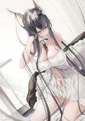 Rule 34 | 1girl, azur lane, bare shoulders, between breasts, black hair, breasts, brown eyes, cleavage, closed mouth, detached collar, dress, dutch angle, hand in own hair, highres, horns, indomitable (azur lane), indoors, large breasts, long hair, looking away, looking down, pillow, sitting, sleeveless, sleeveless dress, smile, solo, table, very long hair, white dress, won (az hybrid), yokozuwari