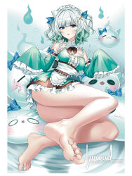 Rule 34 | 1girl, :3, = =, animal ears, apron, aqua eyes, aqua hair, artist name, ass, bare legs, barefoot, black bow, black bowtie, blue bow, blue eyes, blue ribbon, blush, bow, bowtie, breasts, cat ears, commentary, detached collar, detached sleeves, dress, english commentary, feet, foot focus, frilled apron, frilled dress, frilled sleeves, frills, gradient hair, green hair, green sleeves, grey hair, hair ornament, hair ribbon, hairclip, highres, hitodama, indie virtual youtuber, instagram logo, instagram username, legs, looking at viewer, luwudco, lying, maid, maid apron, maid headdress, medium breasts, medium hair, mint fantome, mole, mole on ass, mole on thigh, multicolored hair, on side, parted lips, ribbon, sleeveless, sleeveless dress, sleeves past fingers, sleeves past wrists, soles, solo, thighs, toenails, toes, twitter logo, twitter username, two side up, virtual youtuber, waist apron, watermark, wavy hair, web address, white apron, wisps (mint fantome), x hair ornament