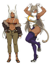 Rule 34 | 2girls, abs, airisubaka, animal ear fluff, animal ears, armpits, artist name, bare arms, bare shoulders, boku no hero academia, breasts, brown pants, cat ears, cat girl, cat tail, cleavage, collarbone, commentary, cosplay, costume switch, crossover, dark-skinned female, dark skin, eyepatch, eyes visible through hair, feet, female focus, flexing, full body, fur trim, ghislaine dedoldia, ghislaine dedoldia (cosplay), gloves, grey hair, heattech leotard, highres, jewelry, large breasts, leotard, long hair, looking at viewer, midriff, mirko, mirko (cosplay), multiple girls, muscular, muscular female, mushoku tensei, navel, pants, purple legwear, rabbit ears, rabbit girl, red eyes, ring, sandals, signature, simple background, standing, standing on one leg, symbol-only commentary, tail, tail ornament, tail ring, thick thighs, thighhighs, thighs, toeless footwear, toes, trait connection, unbuttoned, underboob, very long hair, white background, white gloves, white hair