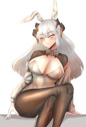 Rule 34 | 1girl, abineko, absurdres, adapted costume, animal ears, arknights, black pantyhose, breasts, bright pupils, cleavage, closed mouth, crossed legs, dragon horns, fake animal ears, feet out of frame, grey hair, grey leotard, highres, horns, large breasts, leotard, long hair, long sleeves, looking at viewer, pantyhose, playboy bunny, rabbit ears, saria (arknights), shrug (clothing), simple background, solo, strapless, strapless leotard, thighband pantyhose, white background, yellow eyes