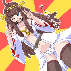 Rule 34 | &gt;;d, 10s, 1girl, ;d, ahoge, aono3, bare shoulders, blue eyes, brown hair, cowboy shot, detached sleeves, double bun, double v, eyebrows, fundoshi, hairband, headgear, highres, japanese clothes, jewelry, kantai collection, kongou (kancolle), long hair, looking at viewer, navel, nontraditional miko, one eye closed, open clothes, open mouth, panties, ribbon-trimmed sleeves, ribbon trim, smile, solo, thighhighs, underwear, v, v-shaped eyebrows
