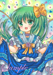 Rule 34 | 1girl, :d, blue skirt, blue vest, bow, bowtie, cowboy shot, daiyousei, fairy wings, fang, flower, frilled bow, frilled shirt, frilled skirt, frills, green background, green hair, green theme, hair between eyes, hair bow, long hair, looking at viewer, marker (medium), open mouth, pink flower, pink rose, puffy short sleeves, puffy sleeves, rose, rui (sugar3), sample watermark, shirt, short sleeves, skin fang, skirt, skirt set, smile, solo, touhou, traditional media, vest, watermark, white shirt, wings, wrist cuffs, yellow bow, yellow bowtie