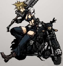 Rule 34 | 1990s (style), 1girl, blonde hair, blue eyes, boots, cloud strife, final fantasy, final fantasy vii, gender request, genderswap, huge weapon, midriff, moto murabito, motor vehicle, motorcycle, retro artstyle, shorts, simple background, solo, spiked hair, suspenders, sword, traditional media, vehicle, weapon