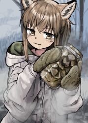 Rule 34 | 1girl, :3, absurdres, animal ears, brown eyes, brown hair, food, fox ears, fox girl, fox girl (yihan1949), gloves, highres, holding, jar, looking at object, meat, original, ponytail, solo, standing, winter, winter clothes, yihan1949