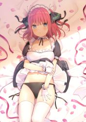 Rule 34 | 1girl, 6u (eternal land), absurdres, black dress, black panties, black ribbon, blue eyes, blush, breasts, choker, cleavage, closed mouth, clothes lift, collarbone, cowboy shot, dress, dress lift, frilled choker, frilled dress, frills, gloves, go-toubun no hanayome, groin, hair ornament, highres, large breasts, looking at viewer, lying, maid, maid headdress, medium breasts, nakano nino, navel, on back, panties, petals, pink ribbon, puffy short sleeves, puffy sleeves, red hair, ribbon, scan, short hair, short sleeves, side-tie panties, solo, stomach, thighhighs, two side up, underwear, white gloves, white thighhighs