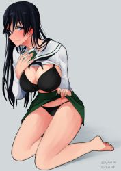 Rule 34 | 1girl, absurdres, barefoot, black bra, black hair, black panties, blue background, blue eyes, blush, bra, breasts, cleavage, closed mouth, clothes lift, girls und panzer, groin, highres, irukatto, isuzu hana, large breasts, lifted by self, looking at viewer, monochrome background, ooarai school uniform, panties, school uniform, shiny skin, shirt lift, simple background, skirt, skirt lift, solo, tears, underwear