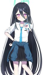 Rule 34 | &lt;key&gt; (blue archive), 1girl, absurdly long hair, black hair, black skirt, blue archive, blue cardigan, blush, cardigan, cardigan around waist, clothes around waist, feet out of frame, frown, gyaru, gyaru v, hair between eyes, halo, hand on own hip, highres, kogal, long hair, looking at viewer, murase48, pink eyes, pleated skirt, scrunchie, shirt, simple background, skirt, sleeves rolled up, solo, straight hair, v, very long hair, white background, white shirt, wrist scrunchie