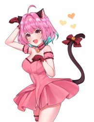 Rule 34 | 1girl, ahoge, animal ears, artist request, bare shoulders, blush, cat ears, cat tail, collar, commentary, cosplay, cowboy shot, dress, fang, gloves, heart, highres, idolmaster, idolmaster cinderella girls, idolmaster cinderella girls starlight stage, kemonomimi mode, mew ichigo, multicolored hair, paw pose, pink dress, pink eyes, pink hair, red gloves, simple background, solo, tail, tokyo mew mew, two-tone hair, white background, yumemi riamu