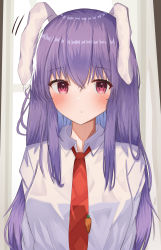 Rule 34 | 1girl, :/, absurdres, animal ears, aohane, arms at sides, bad id, bad pixiv id, blush, breasts, carrot pin, closed mouth, commentary request, expressionless, grey background, hair between eyes, highres, large breasts, long hair, looking at viewer, necktie, pink eyes, purple hair, rabbit ears, red necktie, reisen udongein inaba, shirt, simple background, solo, touhou, upper body, very long hair, white shirt, wing collar