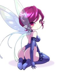 Rule 34 | 1girl, ass, blue footwear, blue gloves, blue leotard, blue thighhighs, boots, breasts, brown eyes, brown hair, elbow gloves, fairy, fairy wings, from behind, gloves, leotard, looking back, medium breasts, nollety, pixie (megami tensei), pointy ears, shin megami tensei, short hair, sitting, solo, thigh boots, thighhighs, thighs, wings