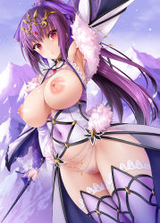 Rule 34 | 1girl, arm up, bare shoulders, blush, breasts, breasts out, closed mouth, covered navel, detached sleeves, dress, fate/grand order, fate (series), female pubic hair, fur trim, hair between eyes, hair ribbon, has bad revision, has censored revision, headpiece, large breasts, long hair, looking at viewer, nipples, oni-noboru, ponytail, pubic hair, purple dress, purple hair, purple legwear, purple ribbon, pussy, red eyes, ribbon, scathach (fate), scathach skadi (fate), scathach skadi (third ascension) (fate), solo, thighs, tiara, torn clothes, torn dress, wand