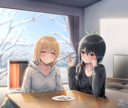 Rule 34 | 2022, 2girls, :t, ^ ^, arm support, artist name, black eyes, black hair, black sweater, blonde hair, blunt bangs, blush, branch, breasts, chopsticks, closed eyes, collarbone, commentary request, curtains, eating, feeding, food, hair between eyes, hair bobbles, hair ornament, half-closed eyes, head rest, heater, highres, holding, holding chopsticks, hood, hoodie, indoors, kotatsu, medium breasts, mochi, mochi trail, multiple girls, original, piripun, plate, short hair, signature, small breasts, sweater, table, television, under table, white hoodie, window, winter, yuri