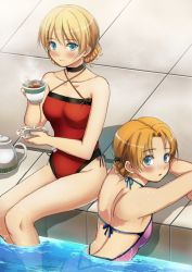 Rule 34 | 2girls, back, backless swimsuit, bad id, bad pixiv id, black bow, black choker, blonde hair, blue eyes, bow, braid, breasts, casual one-piece swimsuit, choker, collarbone, commentary request, cup, darjeeling (girls und panzer), garimpeiro, girls und panzer, hair bow, halterneck, highres, medium breasts, multiple girls, one-piece swimsuit, orange hair, orange pekoe (girls und panzer), parted bangs, partially submerged, pink one-piece swimsuit, pool, poolside, red one-piece swimsuit, saucer, short hair, sitting, soaking feet, swept bangs, swimsuit, teacup, teapot, thighs, twin braids