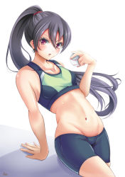 Rule 34 | 1girl, arm support, ball, baseball, bike shorts, black hair, black shorts, breasts, cinderella series, collarbone, commentary request, covered collarbone, crop top, groin, hachigatsu no cinderella nine, hair between eyes, hand up, high ponytail, holding, holding ball, long hair, lowleg, lowleg shorts, navel, parted lips, ponytail, purple eyes, shinonome ryo, short shorts, shorts, signature, small breasts, solo, v-shaped eyebrows, very long hair, yumibakama meme