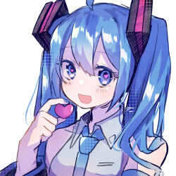 Rule 34 | 1girl, ahoge, aqua necktie, bare shoulders, black sleeves, blue eyes, blue hair, blue nails, detached sleeves, grey shirt, hair ornament, hatsune miku, heart, heart in eye, highres, holding, holding heart, long hair, looking at viewer, nail polish, necktie, nuko 0108, open mouth, shirt, sleeveless, sleeveless shirt, smile, solo, symbol in eye, twintails, upper body, vocaloid, white background