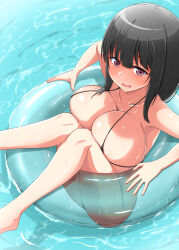 Rule 34 | 1girl, afloat, ass, bare arms, bare legs, bikini, black bikini, black hair, blush, breast press, breasts, brown eyes, cleavage, commentary request, embarrassed, hair between eyes, highres, huge breasts, innertube, large breasts, looking at viewer, micro bikini, open mouth, oppai loli, original, solo, swim ring, swimsuit, tearing up, tears, thighs, tsurukusa ponzu, wavy mouth, wet