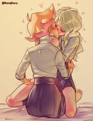 Rule 34 | 2girls, ahoge, amanda o&#039;neill, bangdacy, bed, blonde hair, blue skirt, blush, diana cavendish, closed eyes, hand on another&#039;s hip, hand on another&#039;s thigh, heart, highres, hug, kiss, little witch academia, long hair, luna nova school uniform, multiple girls, on bed, orange hair, school uniform, shirt, short hair, simple background, sitting, sitting on lap, sitting on person, skirt, sweat, white shirt, yellow background, yuri
