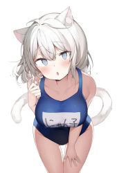 Rule 34 | 1girl, ahoge, animal ear fluff, animal ears, bare shoulders, blue eyes, blue one-piece swimsuit, blush, breasts, cat ears, cat girl, cat tail, chestnut mouth, commentary request, cowboy shot, hair between eyes, hand on own thigh, highres, large breasts, leaning forward, long hair, looking at viewer, name tag, one-piece swimsuit, original, shin no tenpii, simple background, solo, standing, swimsuit, tail, thigh gap, white background, white hair