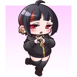 Rule 34 | 1girl, absurdres, ahoge, black collar, black footwear, black hair, black jacket, black thighhighs, blush, boots, chibi, collar, collarbone, commentary request, ear piercing, full body, gradient background, heart, heart hands, highres, hood, hood down, hooded jacket, jacket, long sleeves, multicolored hair, open mouth, original, piercing, pink background, puffy long sleeves, puffy sleeves, red eyes, red hair, saishosaisekojo, sleeves past wrists, solo, standing, standing on one leg, streaked hair, thighhighs, thighhighs under boots, white background