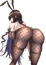Rule 34 | 1girl, animal ears, ass, back, black hair, blush, breasts, cleft of venus, fake animal ears, feet out of frame, fishnets, green eyes, highres, large breasts, long hair, long sleeves, original, pants, pantyhose, playboy bunny, rabbit ears, rabbit girl, shiroshisu, smile, solo, tight clothes