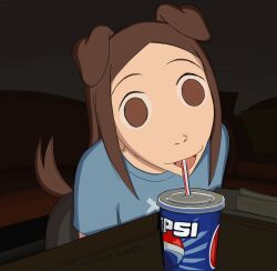 Rule 34 | 1girl, absurdres, animal ears, blue shirt, brown eyes, brown hair, commentary, cup, dilated pupils, disposable cup, dog ears, dog girl, dog tail, drinking, drinking straw, english commentary, highres, hitsuji (hitsujigoods), horror (theme), original, pepsi, shirt, solo, t-shirt, table, tail, upper body, vivi (hitsujigoods), wide-eyed