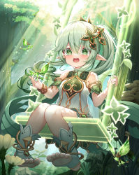 Rule 34 | 1girl, :d, absurdres, apple mango, blurry, commentary request, crystalfly (genshin impact), depth of field, detached sleeves, dress, flower, forest, genshin impact, gradient hair, green eyes, hair between eyes, hair ornament, highres, holding, long hair, looking at viewer, multicolored hair, nahida (genshin impact), nature, open mouth, pointy ears, short sleeves, side ponytail, sidelocks, sitting, smile, solo, stirrup legwear, sunlight, swing, symbol-shaped pupils, toeless legwear, toes, tree, white dress, white hair