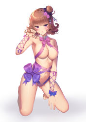Rule 34 | 1girl, absurdres, arm up, armpits, back bow, bare shoulders, barefoot, blue flower, blue rose, blunt bangs, blush, bow, breasts, brown hair, checkered bow, checkered clothes, cleavage, cosmos (flower), flower, full body, hair bun, hair flower, hair ornament, hand in own hair, highres, ken-san, kneeling, large bow, large breasts, looking at viewer, naked ribbon, original, parted lips, pink bow, pink flower, purple bow, ribbon, rose, side bun, simple background, single hair bun, single side bun, solo, wavy hair, white background