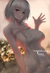 Rule 34 | 1girl, blue eyes, blush, breasts, collarbone, green eyes, grey hair, hair over shoulder, hand up, head tilt, large breasts, mole, naked towel, outdoors, pandea work, smile, solo, sunset, towel, wading, warship girls r, zara (warship girls r)