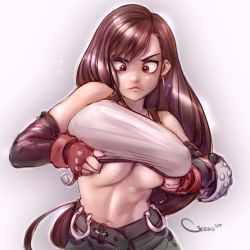 Rule 34 | 1girl, artist request, black hair, breasts, cleavage, covered erect nipples, final fantasy, final fantasy vii, fingerless gloves, frustrated, gloves, highres, huge breasts, long hair, solo, tifa lockhart, underboob