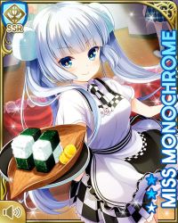 Rule 34 | 10s, 1girl, apron, blue eyes, boots, bow, card (medium), checkered clothes, checkered skirt, collar, day, food, girlfriend (kari), indoors, kneehighs, long hair, maid, maid apron, miss monochrome, miss monochrome (character), necktie, official art, qp:flapper, short sleeves, skirt, smile, socks, solo, standing, star-shaped pupils, star (symbol), sushi, symbol-shaped pupils, tagme, thighhighs, tray, white hair, zettai ryouiki