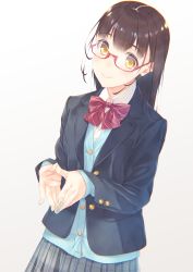 Rule 34 | 1girl, blazer, blue cardigan, blue jacket, blue nails, bow, bowtie, brown hair, buttons, cardigan, collared shirt, commentary request, glasses, gradient background, grey background, grey skirt, head tilt, highres, jacket, kazushiki midori, long hair, long sleeves, looking at viewer, nail polish, open clothes, open jacket, original, plaid, plaid skirt, pleated skirt, red-framed eyewear, red bow, red bowtie, school uniform, semi-rimless eyewear, shirt, skirt, sleeves past wrists, solo, standing, steepled fingers, striped bow, striped bowtie, striped clothes, striped neckwear, tareme, upper body, white background, white shirt, wing collar, yellow eyes