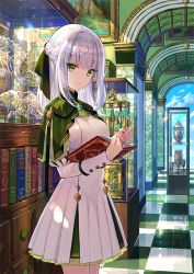 Rule 34 | 1girl, arch, blue sky, book, braid, breasts, capelet, clock, closed mouth, cloud, cowboy shot, day, dress, french braid, from side, fuzichoco, green eyes, green ribbon, hair intakes, hair ribbon, holding, holding book, indoors, juliet sleeves, long hair, long sleeves, looking at viewer, medium breasts, museum, open book, original, pleated dress, puffy sleeves, quill, reflective floor, ribbon, skeleton, sky, smile, solo, standing, tile floor, tiles, white dress, white hair