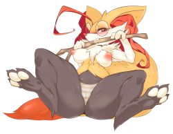 Rule 34 | 1girl, ass, biting, blush, braixen, breasts, cameltoe, cleft of venus, covered erect nipples, creatures (company), furry, furry female, game freak, gen 6 pokemon, glasses, legs up, nintendo, nipples, panties, pokemon, pokemon (creature), puffy nipples, red eyes, saliva, slugbox, solo, stick, striped clothes, striped panties, teeth, underwear, wide hips