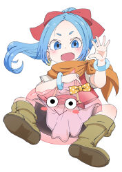 Rule 34 | 1girl, blue eyes, blue hair, blush, bow, bracelet, dragon quest, dragon quest xi, dress, earrings, full body, hair bow, highres, holding, hoop earrings, jewelry, long hair, looking at viewer, maya (dq11), open mouth, parted bangs, ponytail, red vest, samansa ex, sash, scarf, short eyebrows, short sleeves, simple background, slime (dragon quest), smile, vest, white background