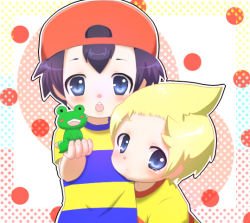 Rule 34 | 2boys, black hair, blonde hair, blue eyes, child, hat, lucas (mother 3), male focus, mother (game), mother 2, mother 3, multiple boys, ness (mother 2), nintendo, pikanchu, quiff, shirt, striped clothes, striped shirt