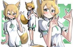 Rule 34 | 1girl, :d, animal ears, bright pupils, brown eyes, closed mouth, commentary, double fox shadow puppet, english commentary, fox ears, fox girl, fox shadow puppet, fox tail, green background, hair between eyes, heart, highres, kudamaki tsukasa, multiple views, open mouth, outline, short hair, short sleeves, smile, socks, spam (spamham4506), tail, test tube, touhou, white outline, white pupils, white romper, white socks
