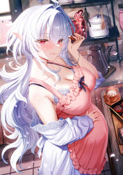 Rule 34 | 1girl, apron, breasts, cleavage, cup, fate/grand order, fate (series), kitchen, large breasts, licking lips, looking at viewer, m-da s-tarou, merlin (fate/prototype), pregnant, solo, tongue, tongue out