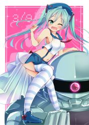 Rule 34 | 1girl, 39, aqua eyes, aqua hair, armpits, beret, blush, boots, bow, breasts, bunsai, crop top, crop top overhang, crossover, fang, gundam, hair ornament, hat, hatsune miku, highres, long hair, looking at viewer, mecha, medium breasts, midriff, mobile suit, navel, necktie, one eye closed, open mouth, panties, pantyshot, robot, sideboob, skirt, sleeveless, star (symbol), striped clothes, striped thighhighs, thighhighs, twintails, underwear, vocaloid, zaku, zaku ii