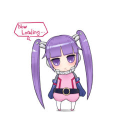 Rule 34 | 1girl, :x, belt, chibi, collar, female focus, folks (nabokof), long hair, purple eyes, purple hair, robot, simple background, solo, sophie (tales), tales of (series), tales of graces, text focus, twintails, white background