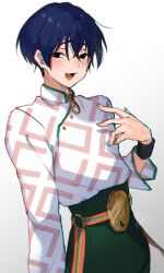 Rule 34 | 1boy, belt, black eyes, blue hair, blush, charisma house, green pants, hand on own chest, highres, jacket, looking at viewer, male focus, motohashi iori, multicolored clothes, multicolored jacket, open mouth, pants, pink jacket, red belt, ryuha akita, short hair, smile, solo, tongue, white background, white jacket